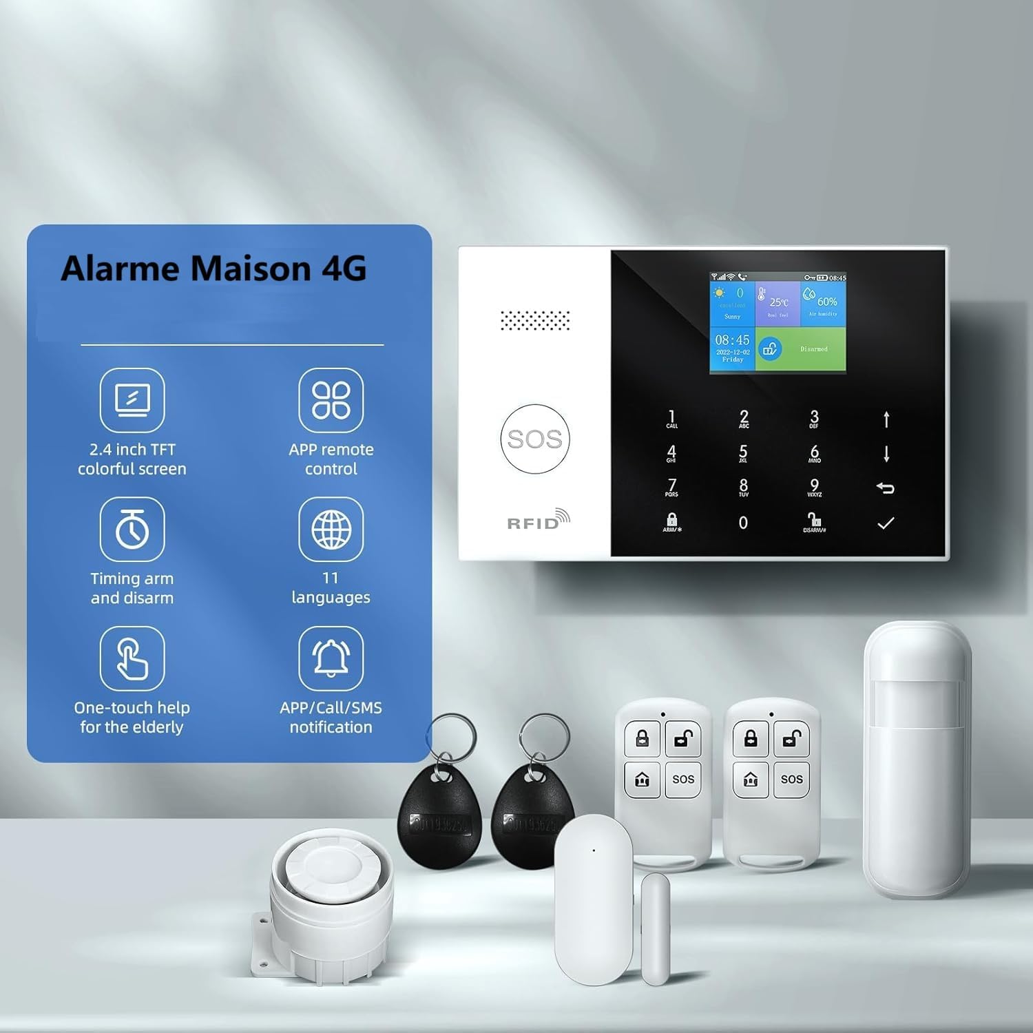 Tilbage view of the PGST A107F-EU-F alarm panel showing the SIM card slot and the ON/OFF switch circled in red.