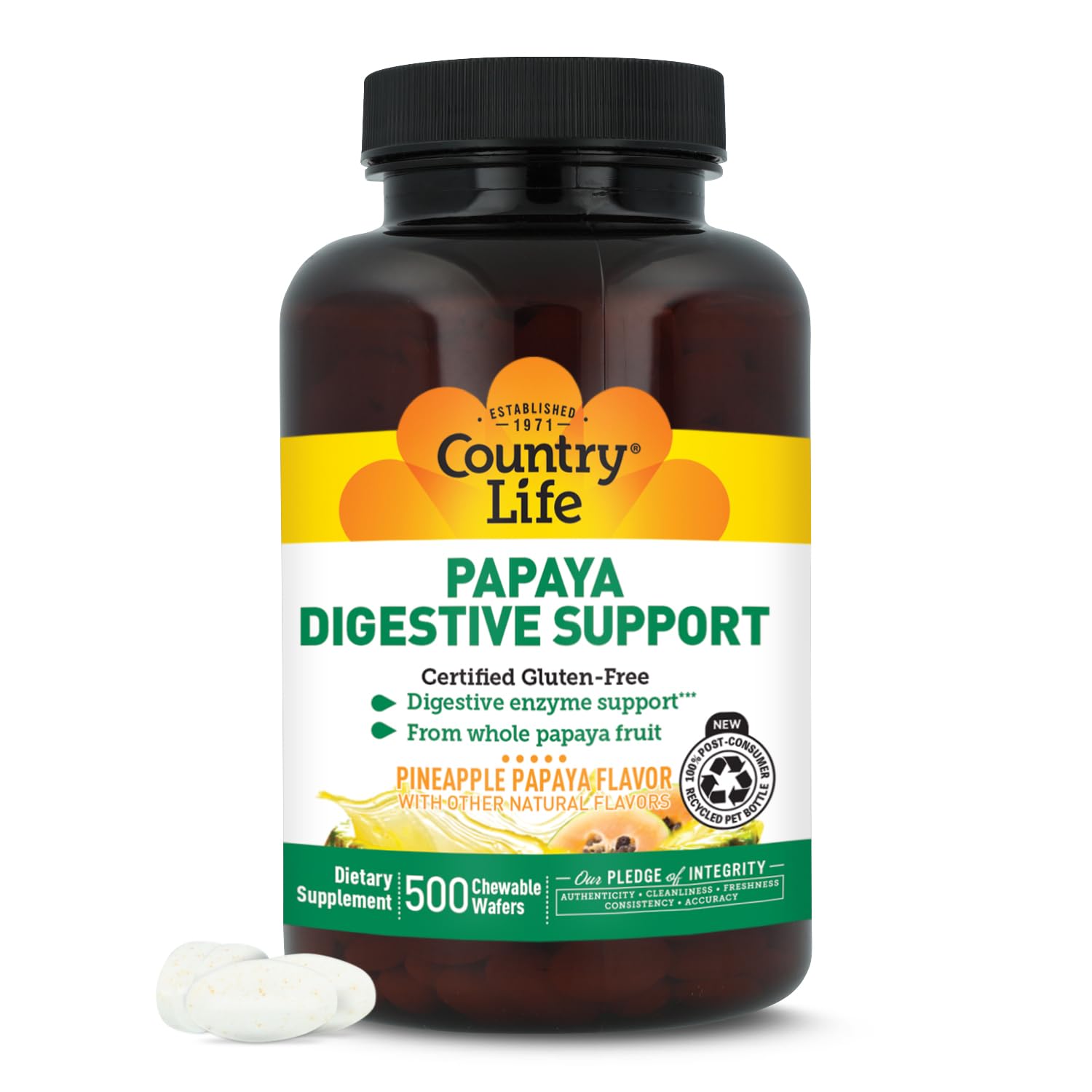 Country Life Papaya Digestive Support with Papain & Protease, 500 Wafers Papaya Pineapple 500 Count (Pack of 1)
