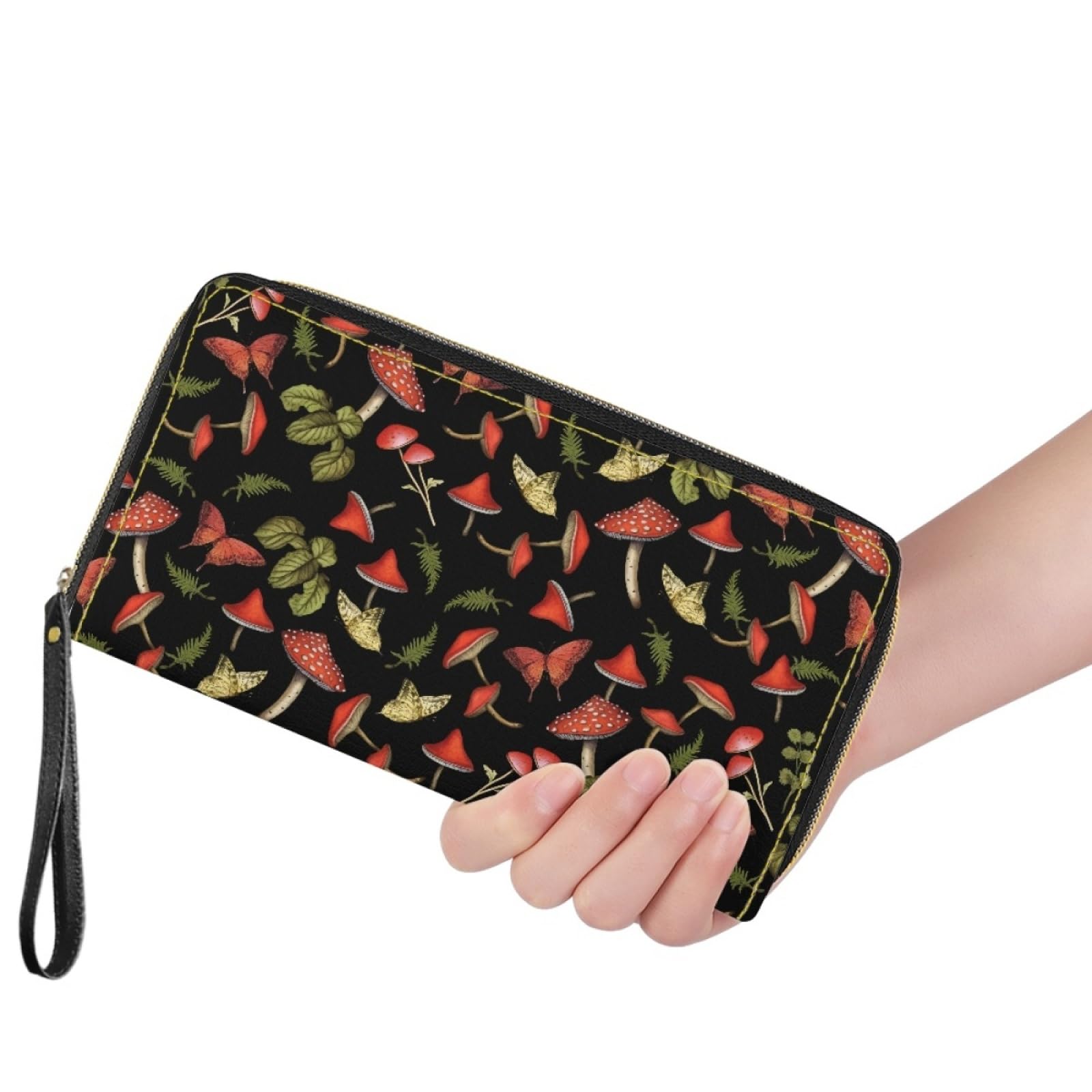 Portafoglio Donna Portamonete Porta Carte di Credito Donna Uomo Wallet | Portafogli con Zip e Cinturino da Polso Leggero Durabile Portatile,Impermeabile Cuoio,Piante Rosse Nere 11x20cm/2 Unità