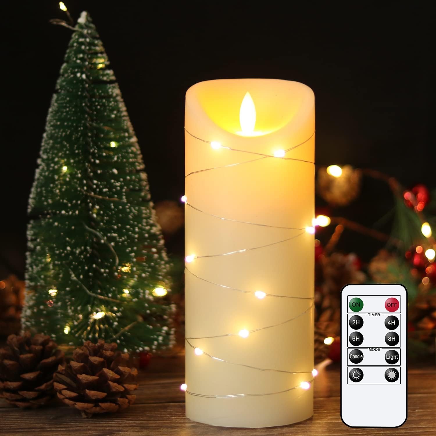 DRomance Large Flameless Pillar Candle String Light with 10-Key Remote and Timer, 2 C Batteries Operated Moving Wick Dancing Flame Real Wax LED Pillar Candle Holiday Season Decor(3 x 8 Inch)