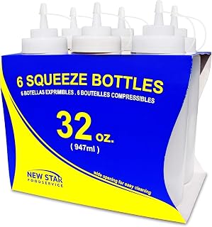 New Star Foodservice 32 oz Clear Wide Mouth Squeeze Bottles, Pack of 6 - Leak-Proof Condiment Dispensers for Kitchens