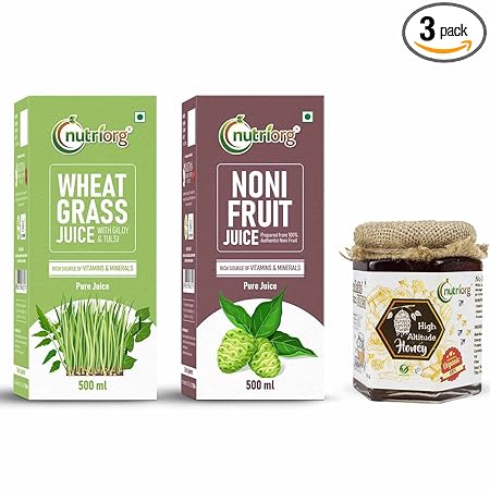 Nutriorg Wheat Grass & Noni Juice With Certified Organic High Altitude Honey 250g (Combo Of 3)