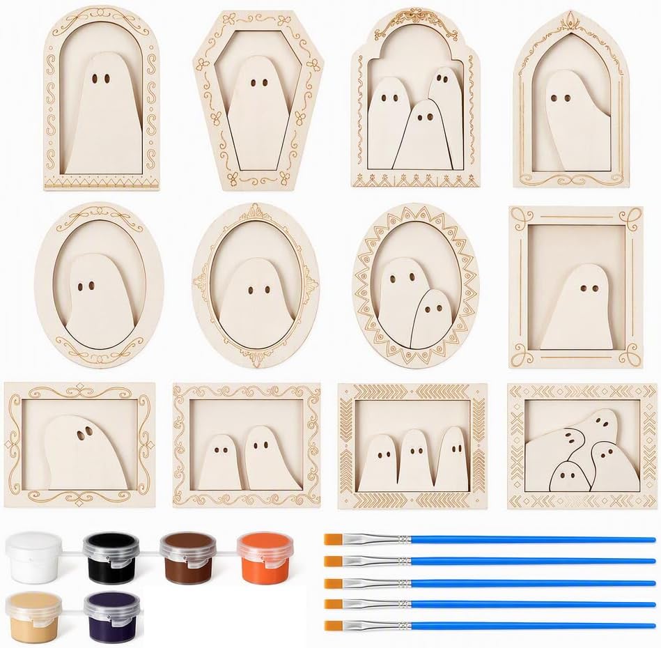 12Pcs Halloween Crafts for Adults, Wood Ghost DIY Painting Kit, Unfinished Wooden Ghost Frames, Halloween Arts and Crafts, Cute Ghost for Halloween Craft Art Party Supplies