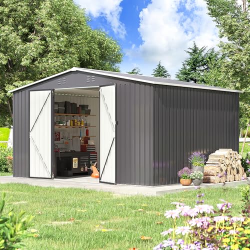 Image of Polar Aurora Outdoor Storage Shed, Metal Garden Shed with Updated Frame Structure, Tool Sheds for Backyard Garden Patio Lawn (Black, 12x10 FT)