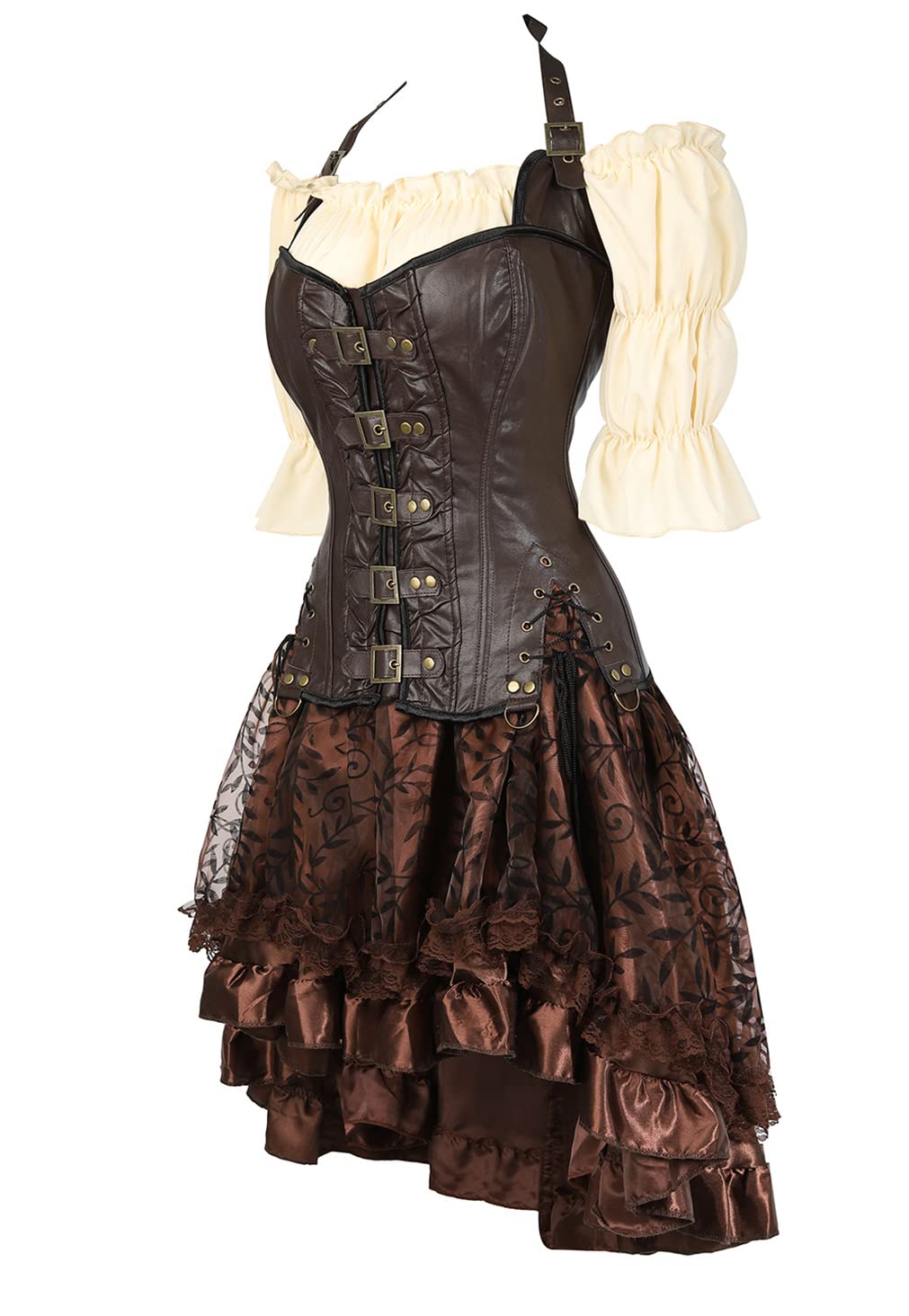 Grebrafan Steampunk Leder Corsage mit Rock und Piratenbluse Damen | Piratin Kostüm Korsett Karneval Kostüm Korsett Damen