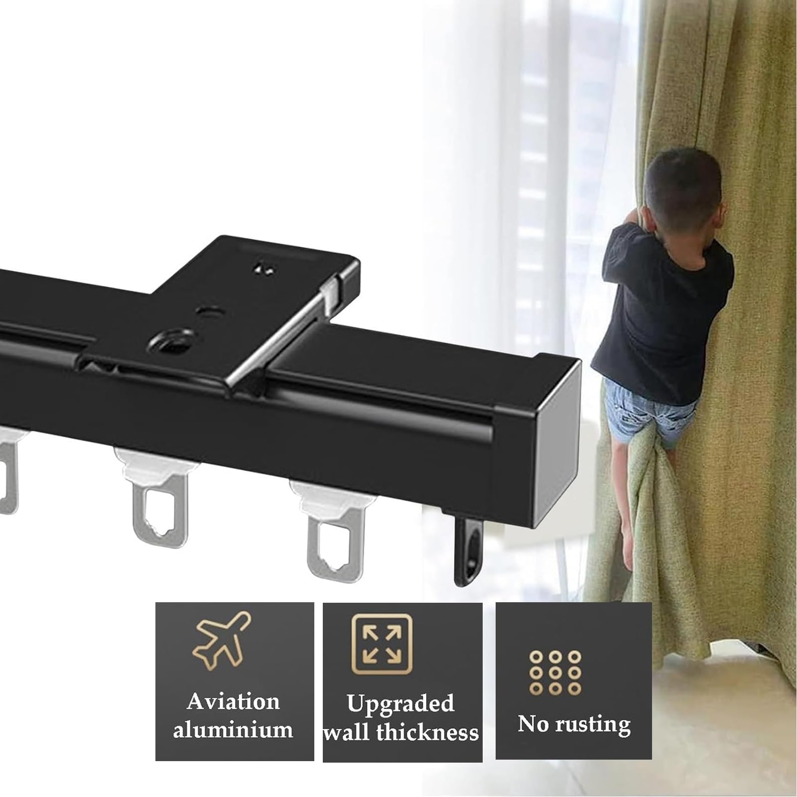 Rail de rideau de plafond en aluminium – Rails muraux durables et silencieux pour camping-cars et baies vitrées, design carré robuste, 90 cm de long, finition blanche