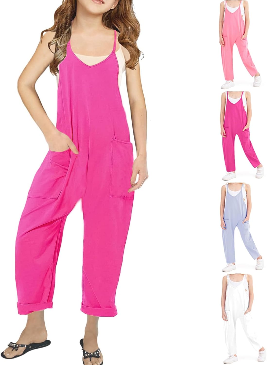 Jumpsuits for Girls Kids Casual Sleeveless Jumpsuits Spaghetti Strap Romper Long Pants with Pockets