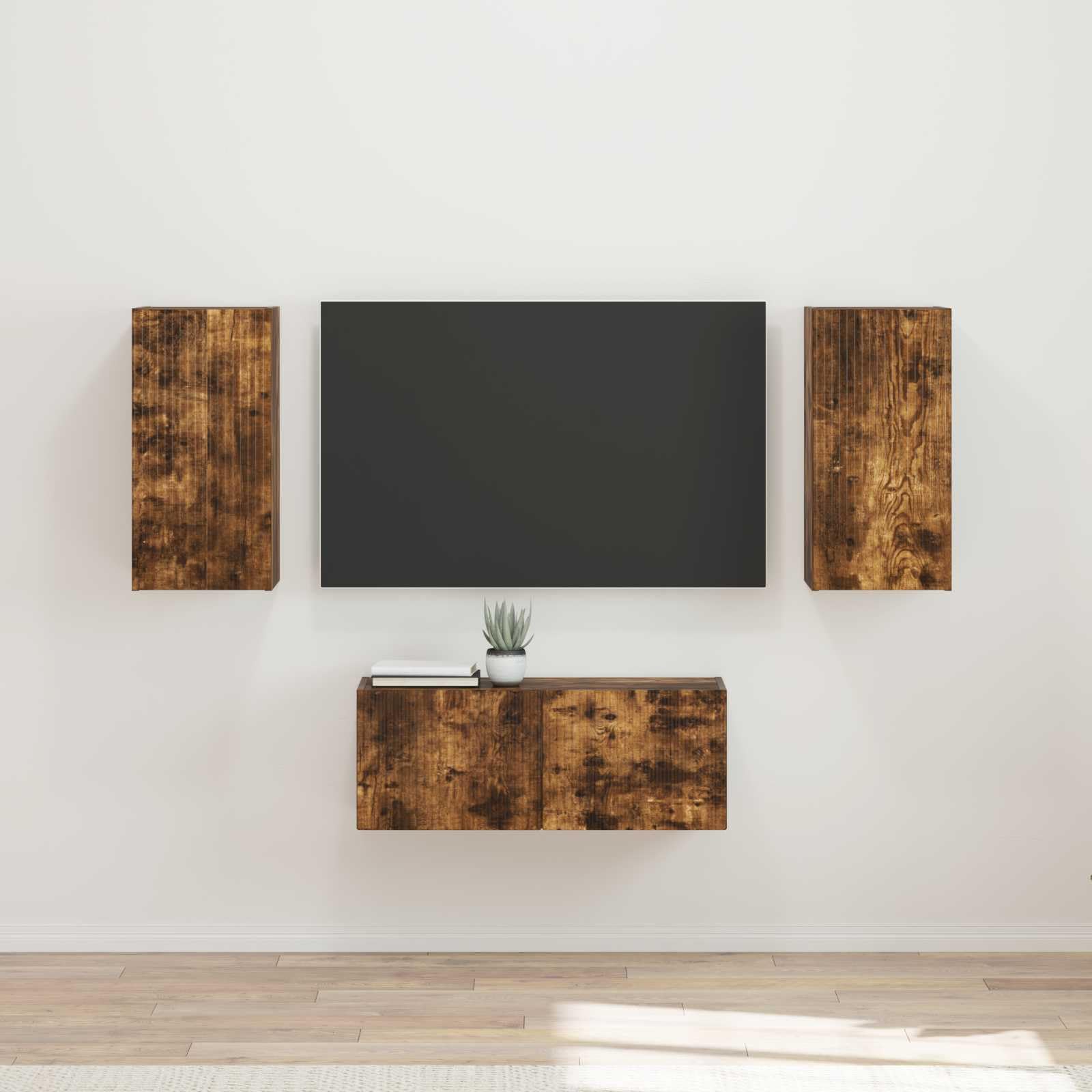 6-Piece Floating TV Stand Set, Smoked Oak Wall Mounted Console | Made of durable engineered wood, this space-saving media center optimizes storage in living rooms and media corners.