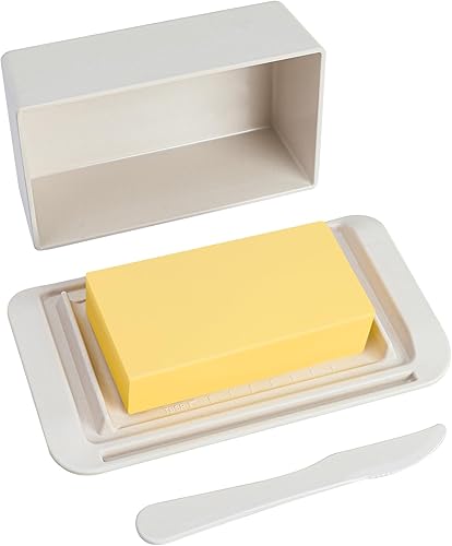 Miniatura 10 de Mantequillera de bambú con tapa, cuchillo, grande para encimera y refrigerador, contenedor para 2 varillas, costa esteoesteestilo europeomantequilla