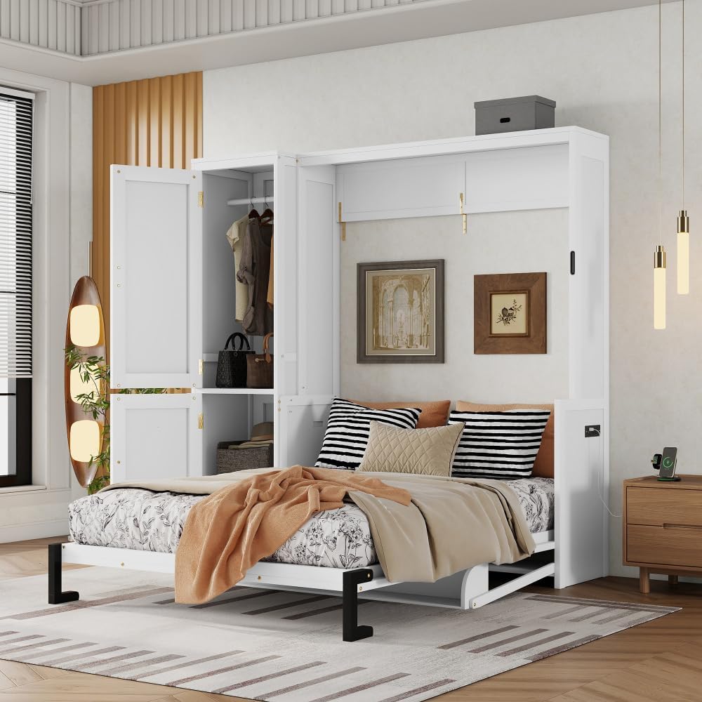 Queen Size Murphy Bed with Wardrobe & Desk | Space-Saving Wall Bed with Built-in Charging Station, Gas Lift Struts | White Pine Wood Cabinet Furniture