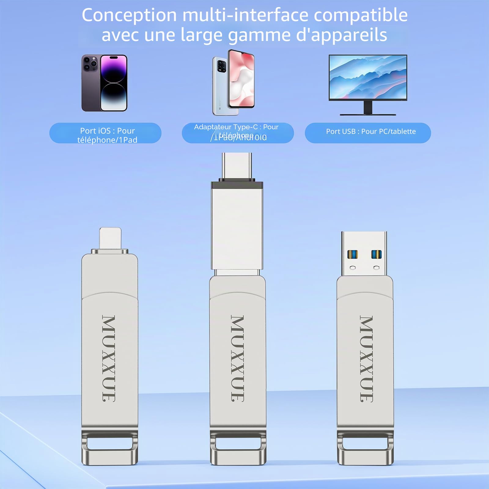 Cle USB iphone 256Go-Sans Application Requise,MFI Clé USB pour iphone/1Pad/Android/PC 3 en 1 avec iOS USB-C USB-A Stockage Externe pour Transfert de Photos, Vidéos et Films