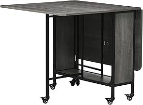 HOMCOM Folding Dining Table, Mobile Drop Leaf Table, Extendable Kitchen Table for Small Spaces with Storage Shelf and 6 Wheels, Grey