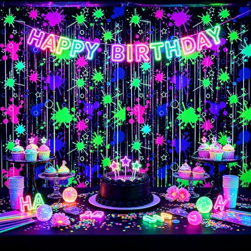 Image of TONIFUL 2Pcs Black Fluorescent Splatter Star Metallic Foil Fringe Curtains | 3.3ftx6.6ft Neon Glow Birthday Party Tinsel Streamers Backdrop for Halloween Bachelorette Graduation Homecoming Decorations