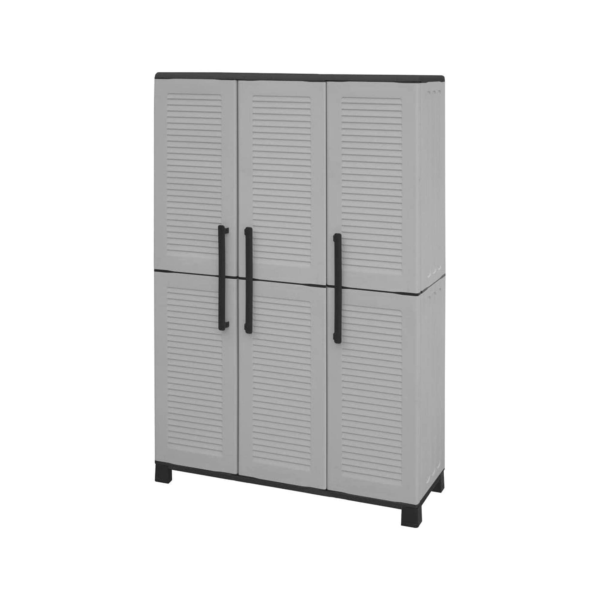 Dmora - Armoire d'extérieur Nandrin, meuble porte-balais, 3 portes, 100% Made in Italy, 102x37h169 cm, gris clair et noir, finition rayée
