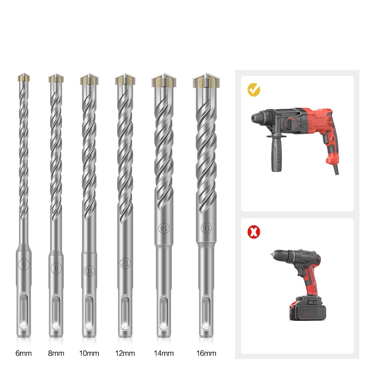 Zestaw wierteł SDS-Plus, Zestaw 6 wierteł do młotów obrotowych z węglika wolframu 6-16 mm x 160 mm do betonu i cegły(6pcs 160mm)