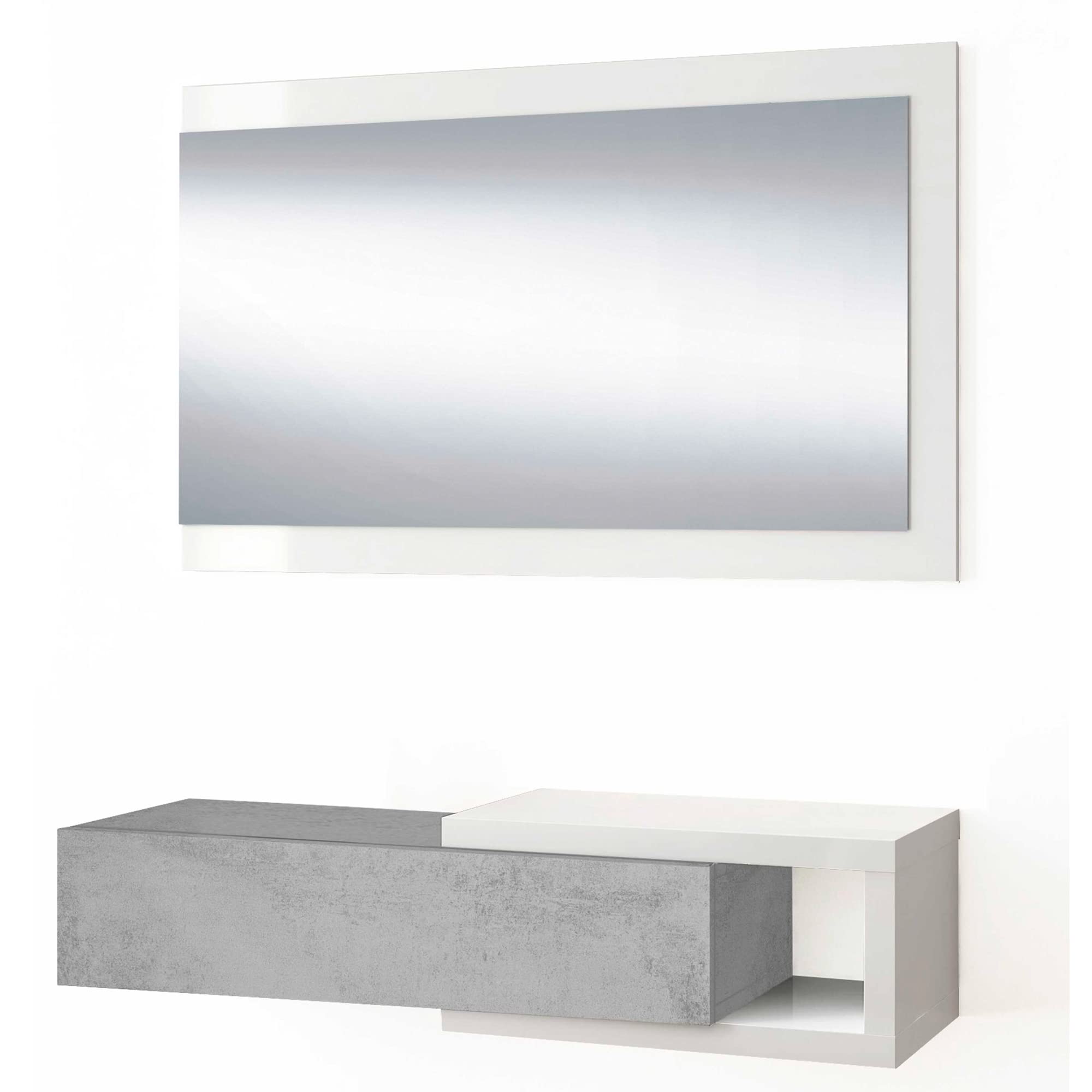 Recibidor Moon con 1 cajón y Espejo Color Cemento/Blanco, Mueble de Entrada, 95 cm (Ancho) 26 cm (Profundo) 19 cm (Altura)