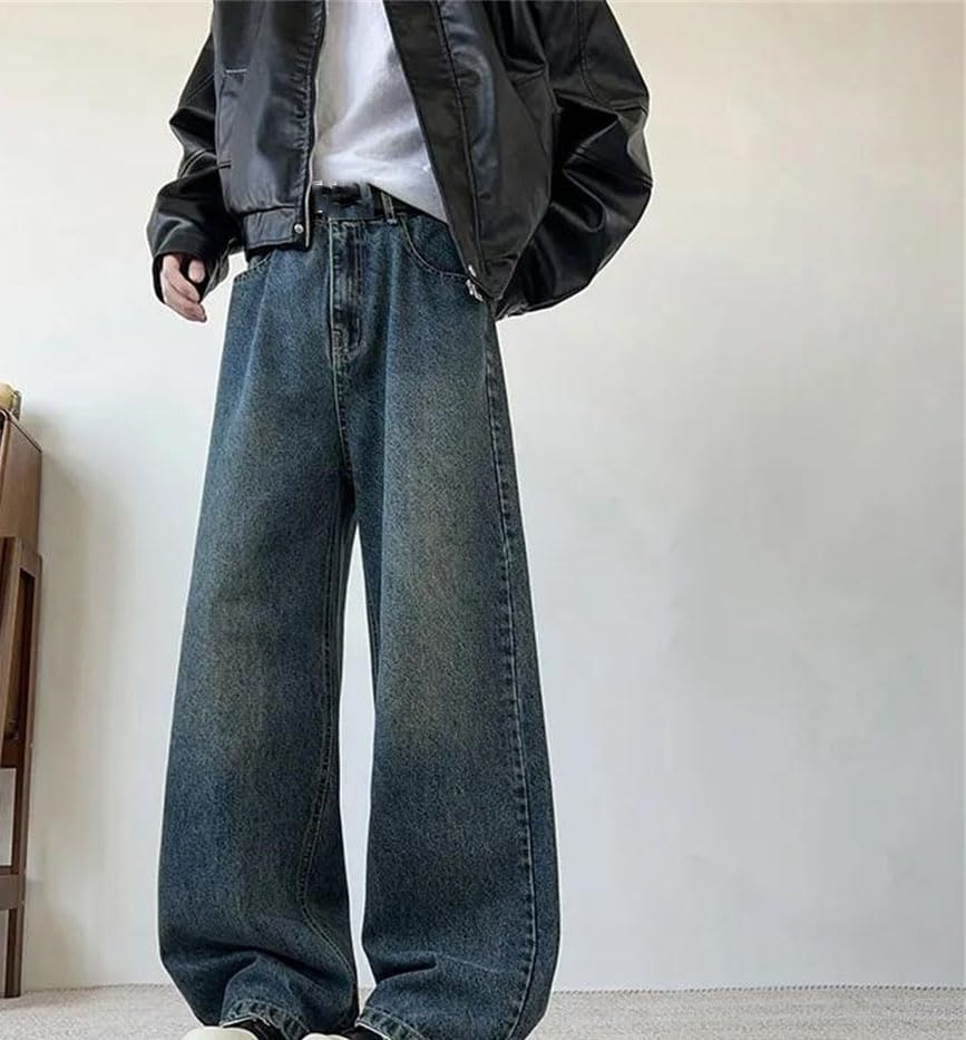 Men Wide Leg Jeans High Waisted Textured Denim Pants Casual Loose Fit Streetwear Trousers2