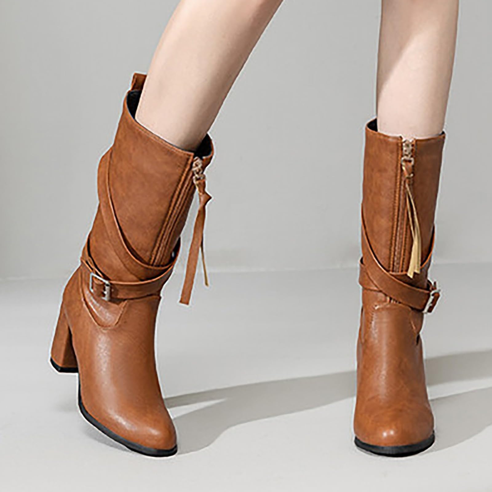 Stivali alti da donna Scarpe invernali in pelle calda Stivali da equitazione bassi con tacco confortevole Fibbia casual a gambo lungo tinta unita comodi Stivali da donna al ginocchio