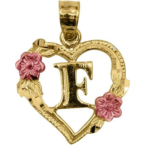 14k Two-tone Gold Flower and Heart-shaped Initial Pendant