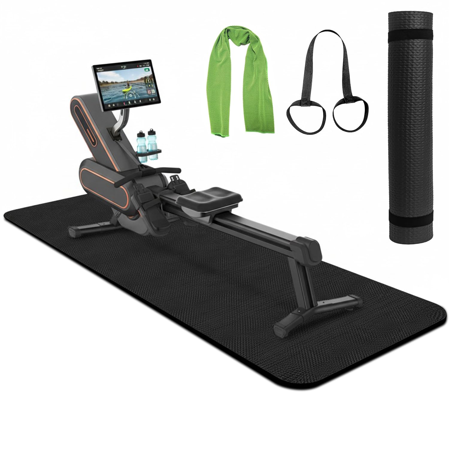 Rowing Machine Mat 96" x 28" With Sports Towel and Strap,Treadmill Mat Compatible with Peloton Bike, Row & Concept 2 Rowing Machine,Exercise Bike,Gym Exercise Fitness Equipment