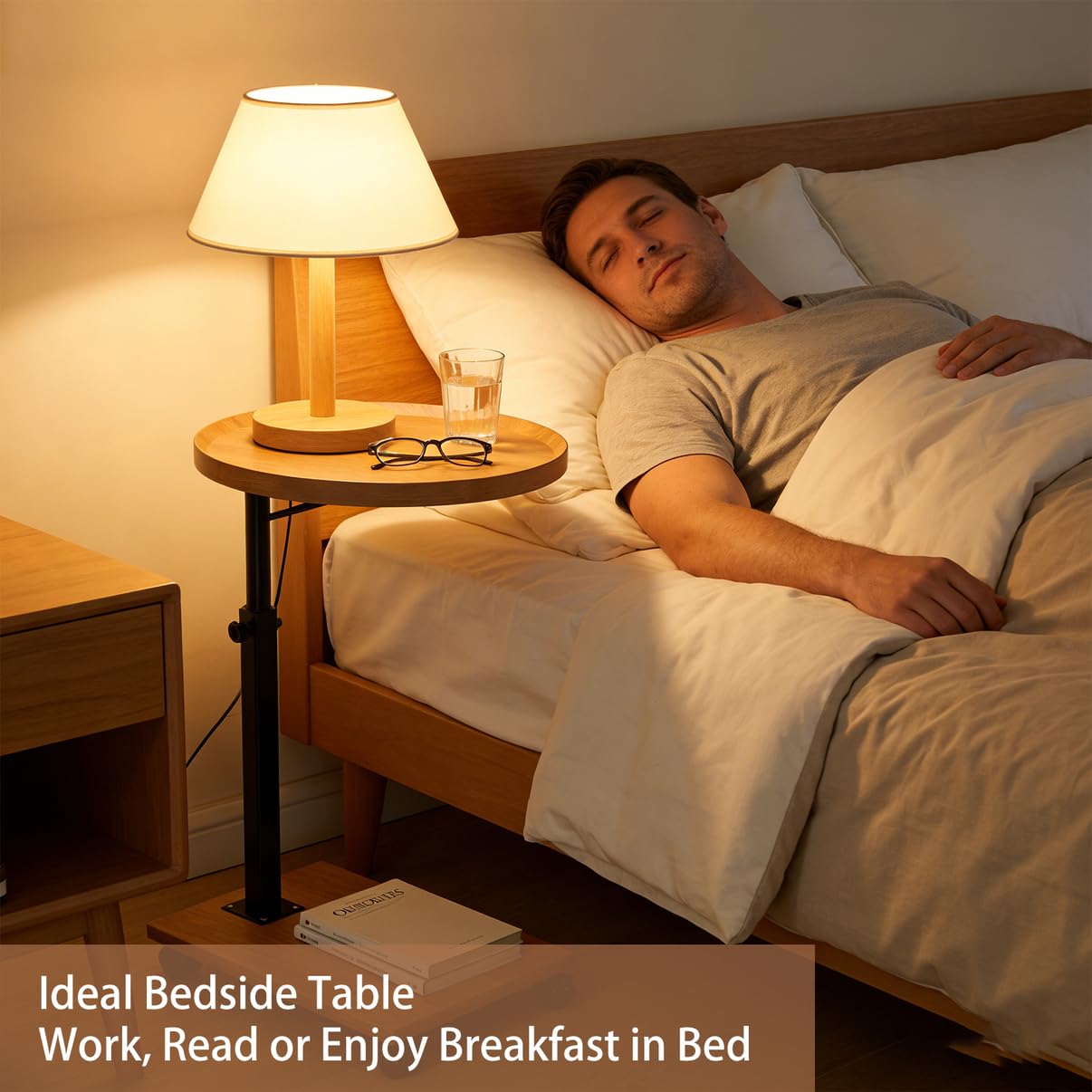 Mesa auxiliar con ruedas, mesa auxiliar regulable en altura y ruedas (45-80 cm) en forma de C de madera con ruedas giratorias de 360°, pequeña mesa de centro para salón, sofá y cama (color