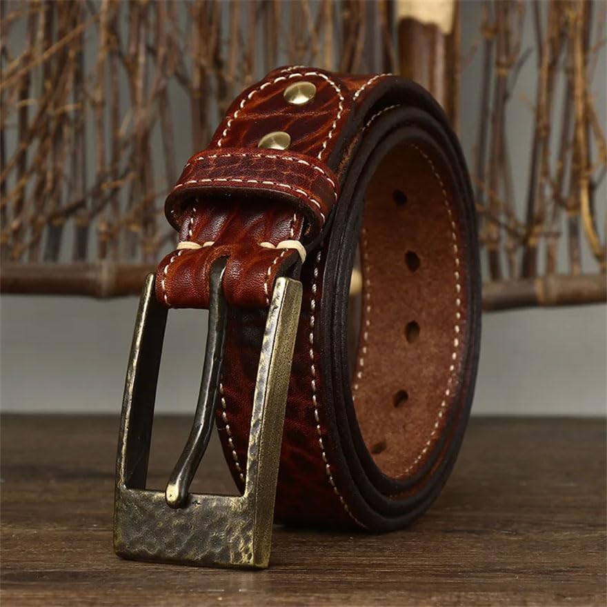 Pohullan Mens 3.8cm Belts Retro Thick Leather Belt Brass Buckle Casual Jeans Belts2