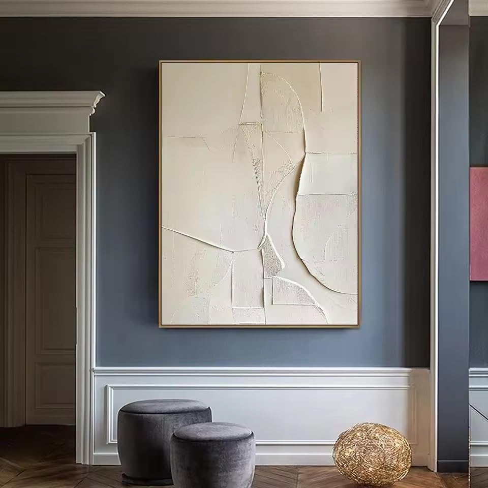 Grand tableau minimaliste blanc crème 70x100 cm art mural abstrait