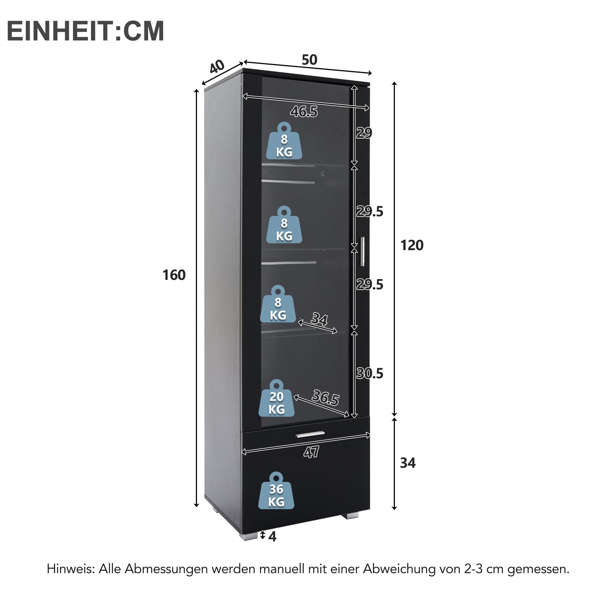 Merax Vitrina con LED, moderna vitrina con 3 estantes, cajón, vitrina brillante para coleccionables, estantería con puerta acrílica, para salón, dormitorio, 50 x 40 x 160 cm, color negro
