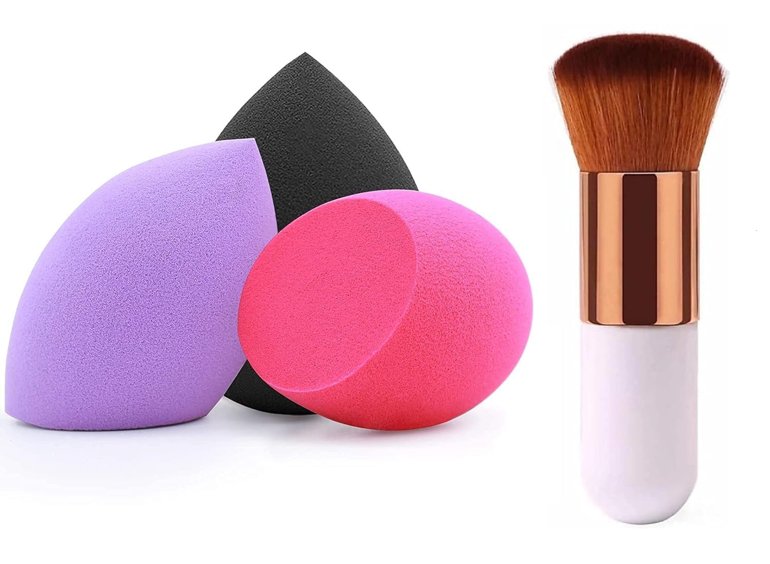Makena Mini Foundation Makeup Brush and 3 Multicolour Makeup Blenders Puff - (Pack of 4)