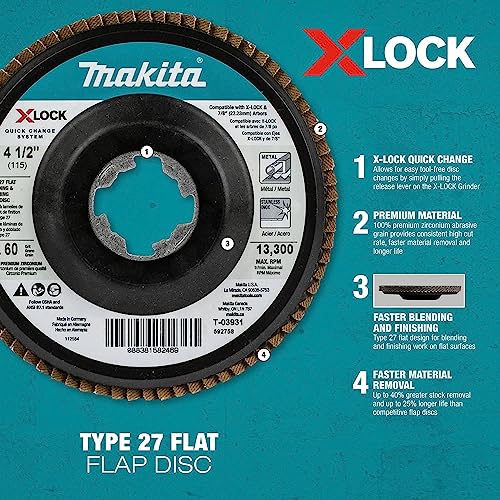 Makita T-03947 X-Lock 4‑1/2" 80 Grit Type 27 Flat Blending and Finishing Flap Disc for X-Lock and All 7/8" Arbor Grinders - image 3