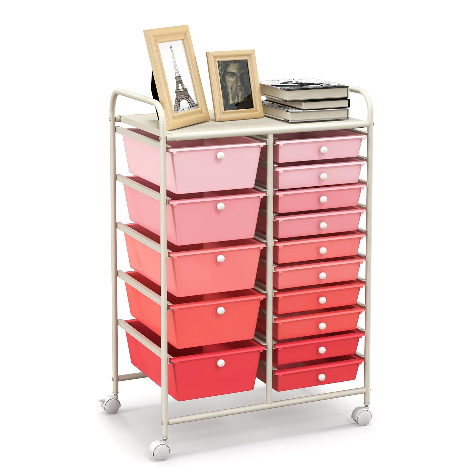 GOPLUS Desserte à roulettes avec 15 Tiroirs en Plastique Coulissant, Cadre Fer Blanc, 63x37x87CM, Chariot de Rangement à roulettes, 2 avec Frein, Poignée Latéral, pour Chambre, Bureau (Rose Dégradé)