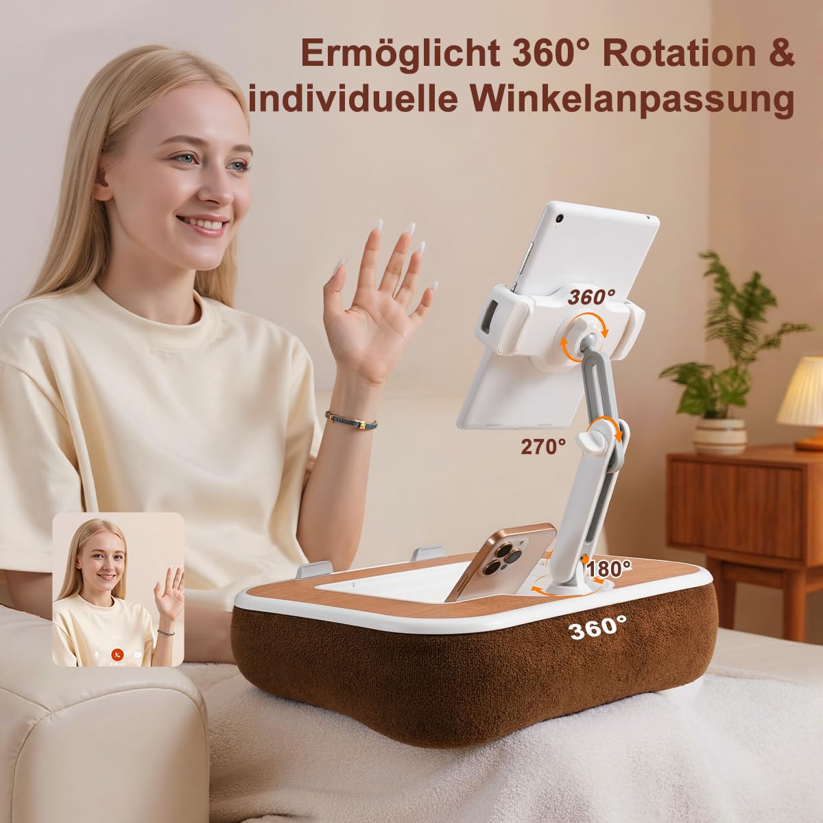 Soporte de cojín para tablet con bandeja para aperitivos y pizarra de escritura, soporte giratorio de 360 grados para teléfonos inteligentes de 4,7 a 13 pulgadas, tabletas Kindle, soporte de cojín