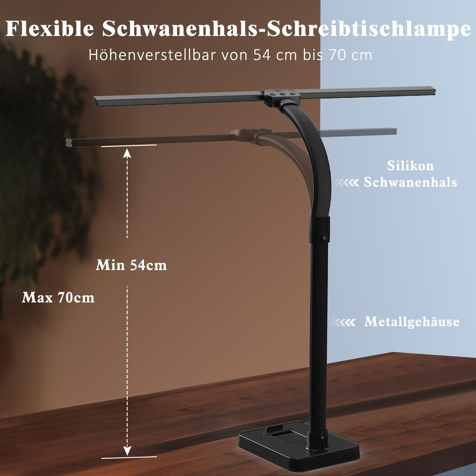 Doppelkopf Schreibtischlampe LED dimmbar,24W 80CM Schreibtischlampe groß und hell,Augenschutz desk lamp büro lampe schwarz,Schwanenhals tischlampe monitor lampe mit 25 Beleuchtungsmodi (Schwarz)