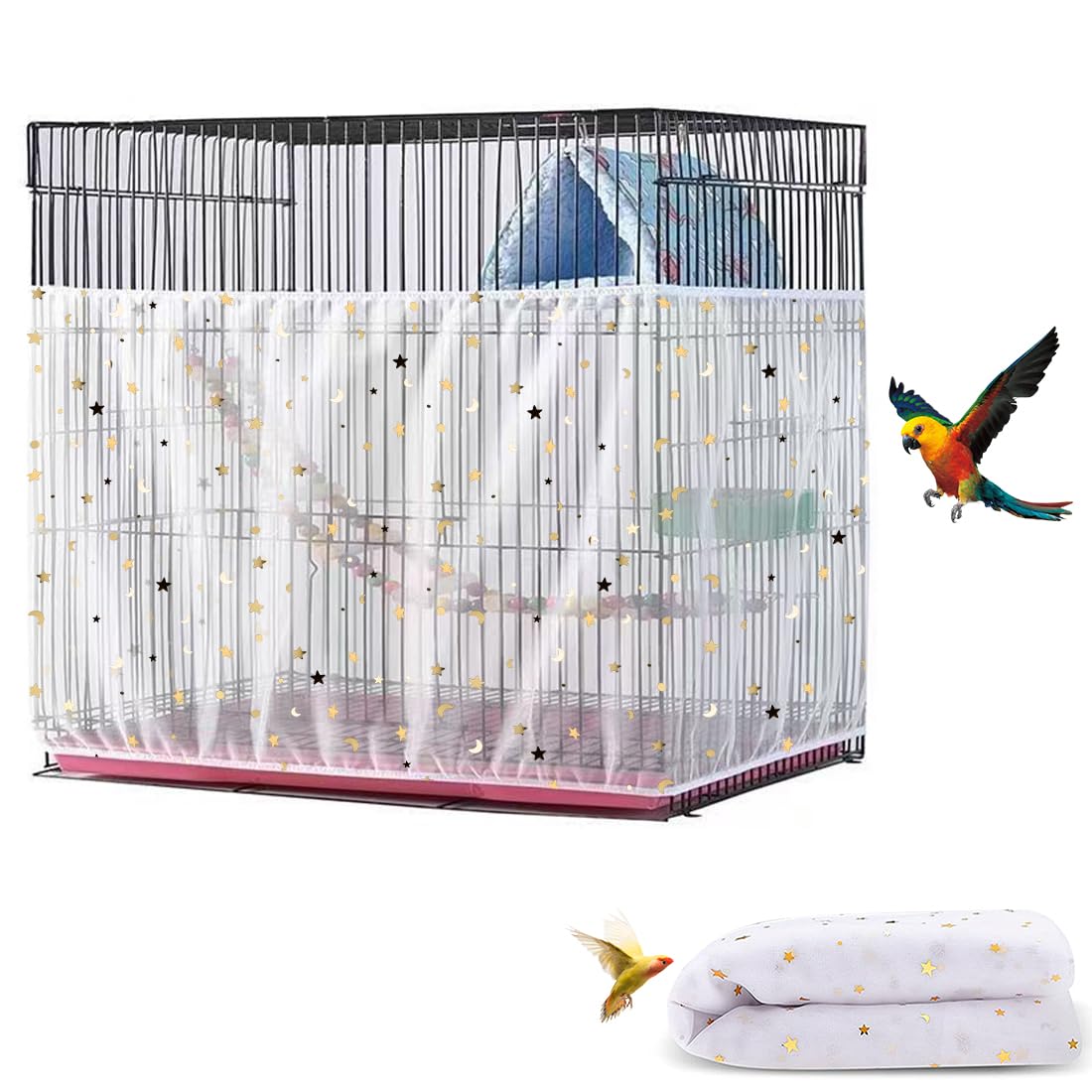 Large Bird Cage Cover, Bird Cage Seed Catcher, Adjustable Soft Airy Nylon Mesh Net, Birdcage Cover Skirt Seed Guard for Parrot Parakeet Macaw African (Star-White, 15.7" x118")