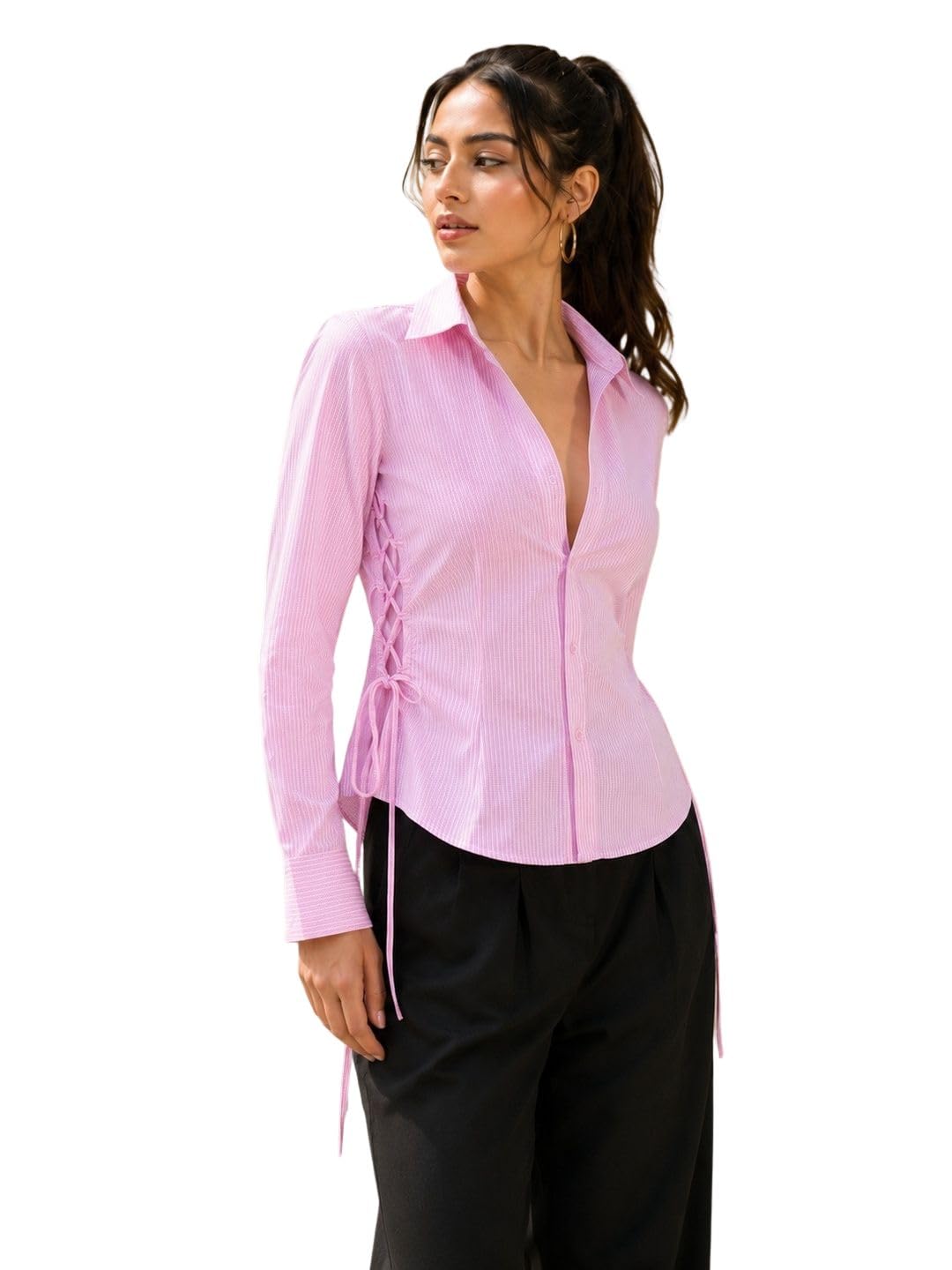 Pinstripe Lace-Up Side Detail Long-Sleeve Button-Down Casual Cotton Shirt-image-11