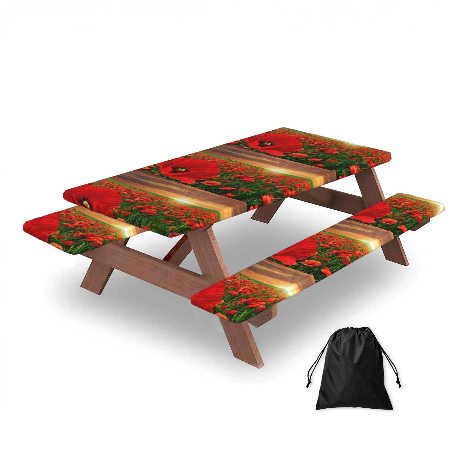 Dopklna As Picture Sunset Poppy Field, Picnic Table Cover With Bench Covers -Waterproof Elastic Fitted Tablecloth For Garden Camping Patio 76X152cm