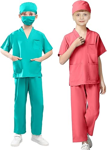 Puteraya Juego de 2 conjuntos de disfraz de médico para cirugía, enfermera, uniforme para niños y niñas, fiesta de disfraces, Halloween, cosplay