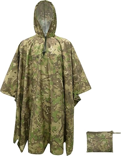 Vista 25 de LOOGU Poncho de lluvia de camuflaje con capucha, impermeable, ligero, impermeable, equipo de lluvia, hombres y mujeres, al aire libre, camping