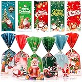 FINGOOO クリスマス袋 ラッピング 100枚入・11柄 ギフトバッグ 透明 包装 入れ物 小分け袋 大量 景品 プレゼント らっぴんぐ 雑貨 プレゼント 贈り物 リボン付き (クリスマスB)