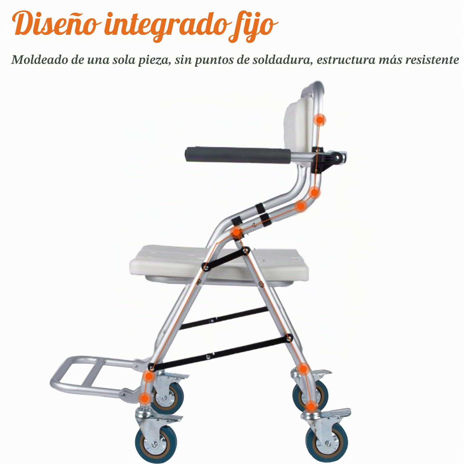 Taburete de Ducha Plegable Silla de Ducha con Ruedas para Personas Mayores y Discapacitados, Taburete Ducha Antideslizante con Freno y Respaldo, Silla de Inodoro - Carga 120kg
