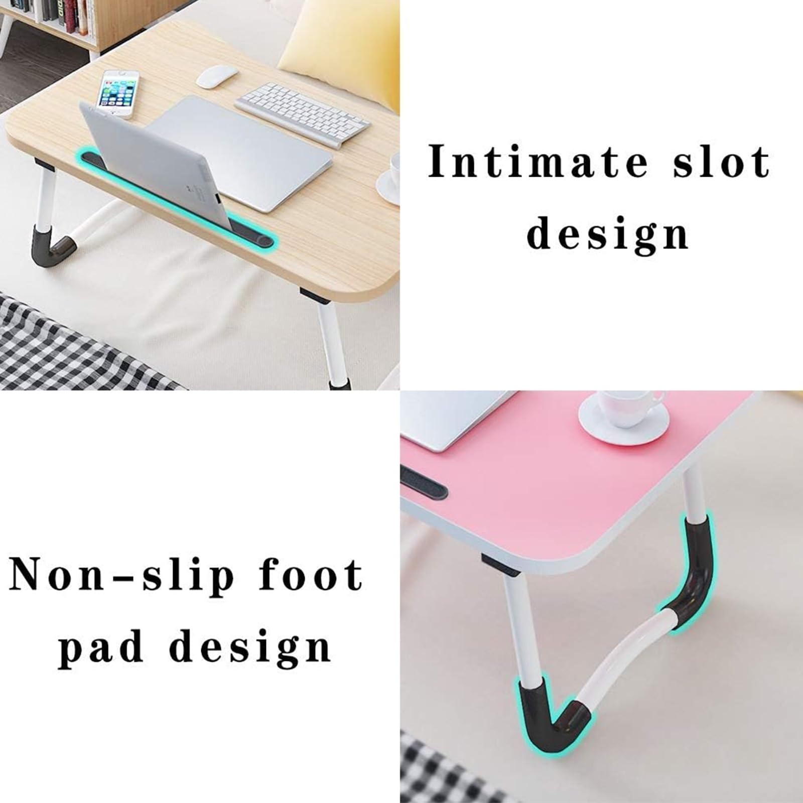Tavolino Pieghevole da Letto con Porta Bicchiere E Leggio for Tablet, 60x40 Cm, Salvaspazio, Facile da Trasportare, Ideale for Soggiorno, Camera, Aree Relax E Smart Working(Green)