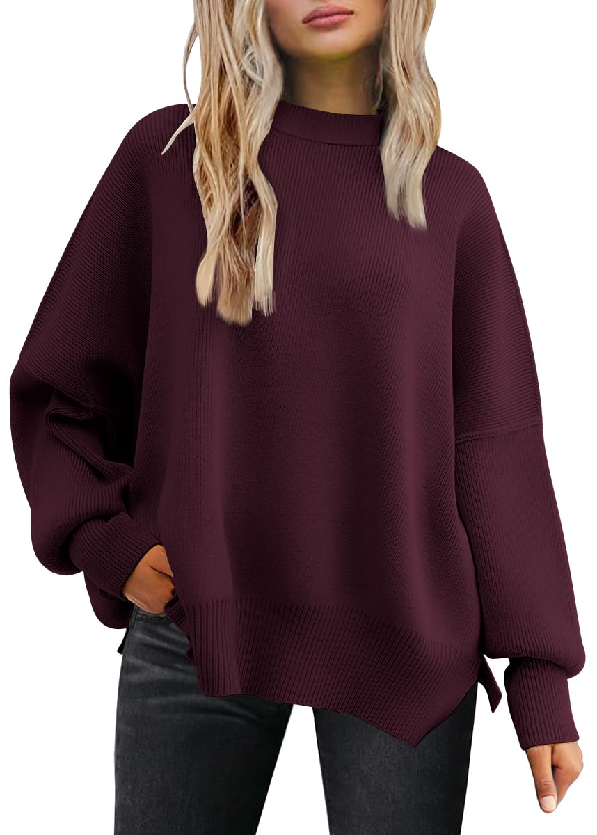 LILLUSORY Women's Oversized Batwing Sweaters 2024 Fall Outfits Crewneck Ribbed Knit Side Slit Trendy Pullover Tops