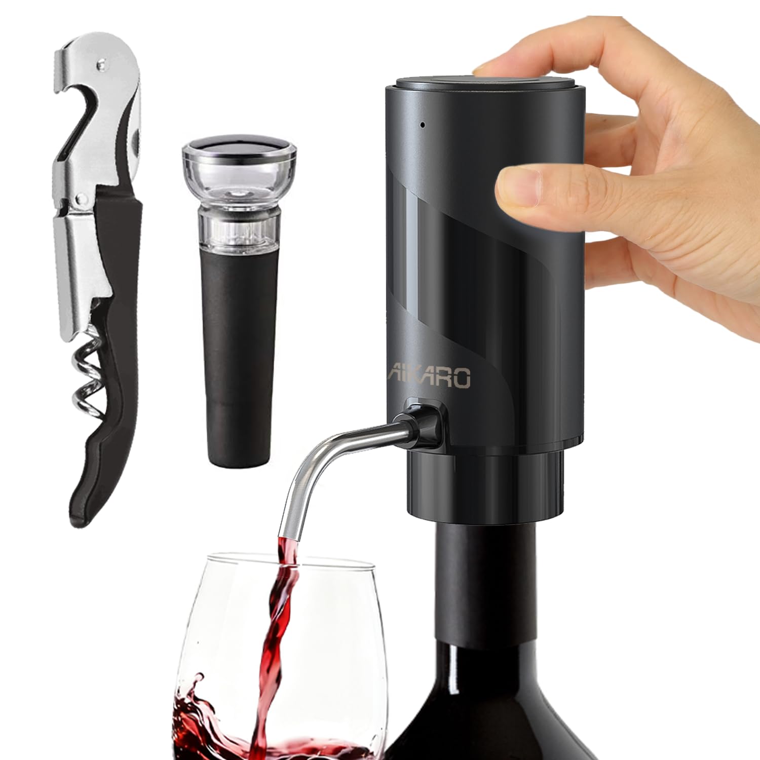 AIKARO - Aerador-Vertedor de Vino Eléctrico Recargable Decantador Automático, con Sacacorchos y Tapón al Vacío (Set)