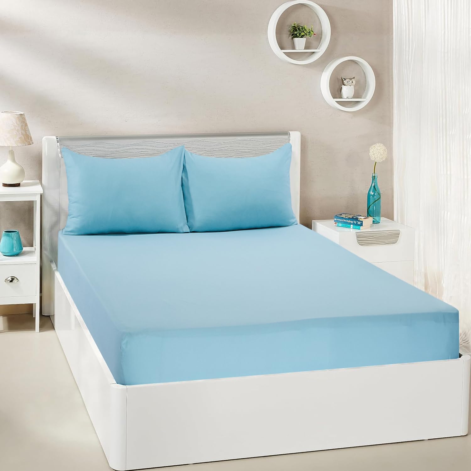 amazon basics 300 TC 100% Cotton Sateen Weave Bedsheet Set with 2 Pillow Covers | King Size (Light Blue) (B0D1KH3WD8) Amazon Price History, Amazon Price Tracker