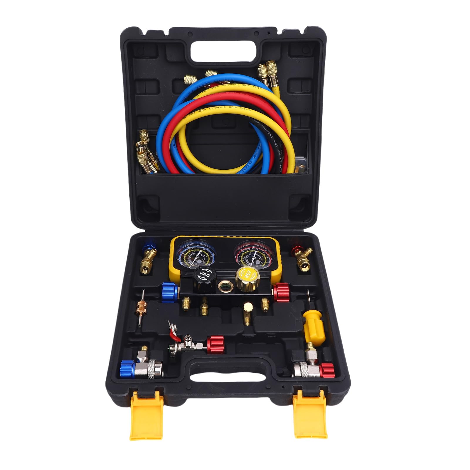 Set di Collettori HVAC a 4 Vie, Letture Accurate per Refrigeranti R32 R32 R134A R22, con Valvole R410A Meter e di Sicurezza per Uso Professionale e Domestico