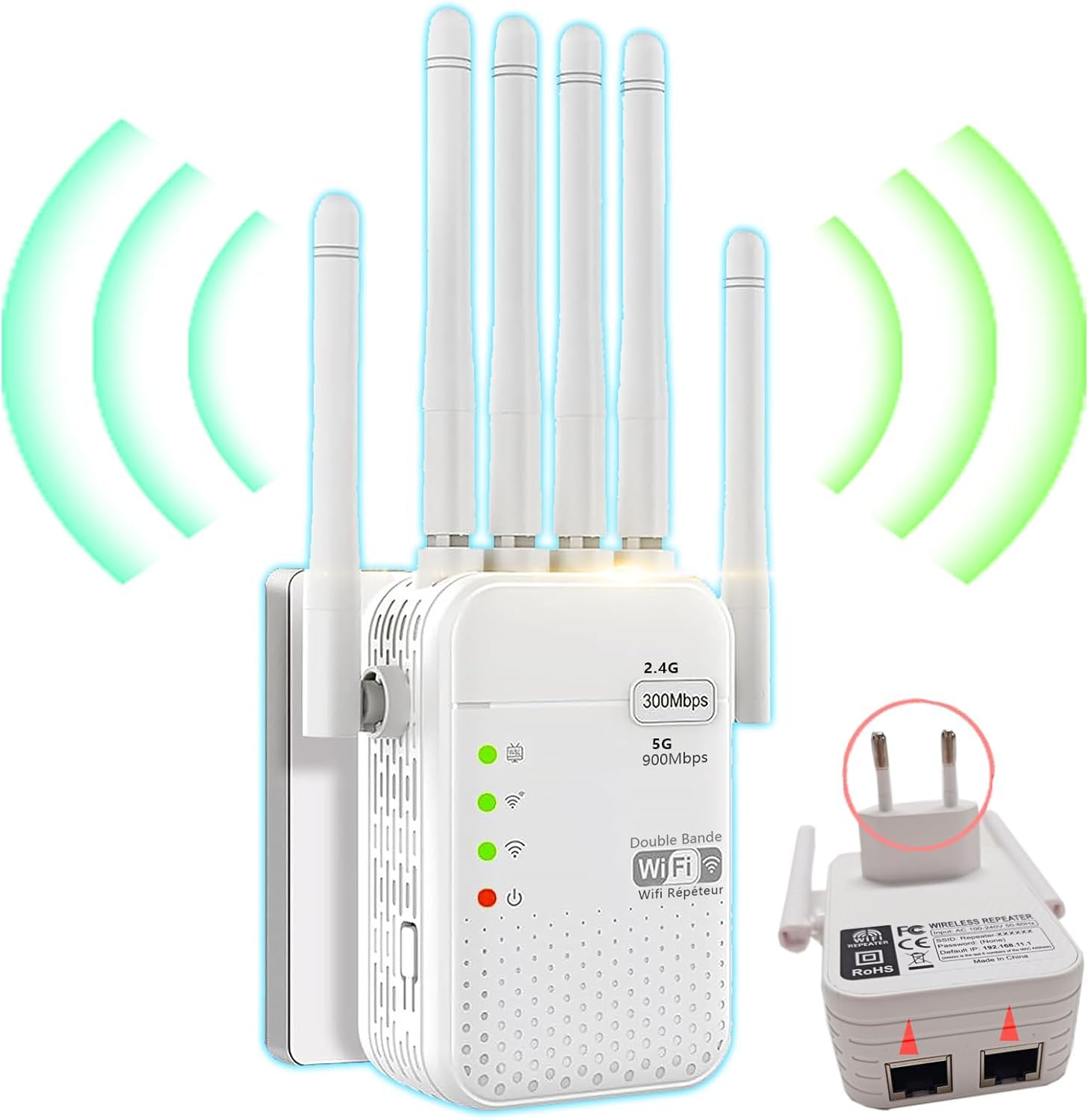 Répéteur WiF,Amplificateur Wi-FI Haute Performance,Couverture 930 m², 6 Antennes Haute Puissance, Installation WPS 1 Clic, 2 Ports Ethernet, 3 Modes (Répéteur/Routdeur/Point 'Accès)