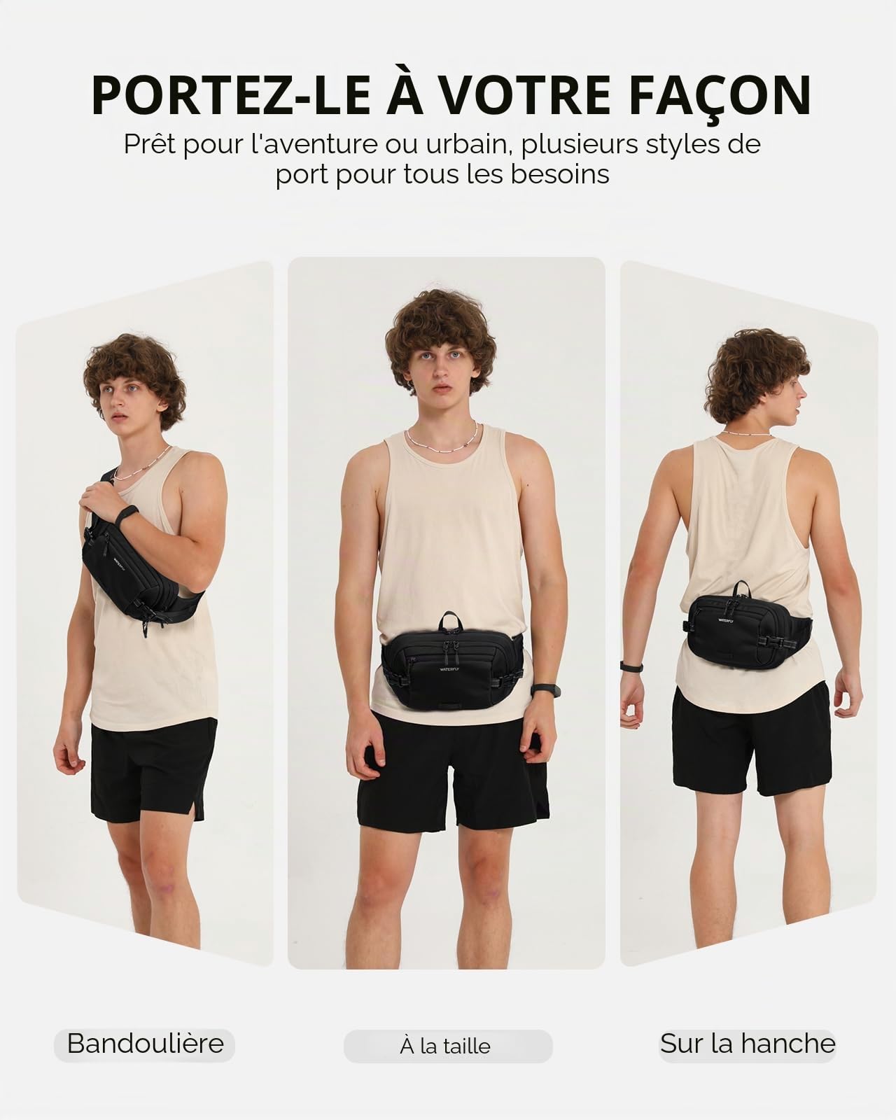WATERFLY Sac banane : 3 L grand antivol RFID pour le voyage | Ouverture à 180 degrés, 5 poches, nylon, sangle réfléchissante, boucles réglables, randonnée quotidienne, homme et femme
