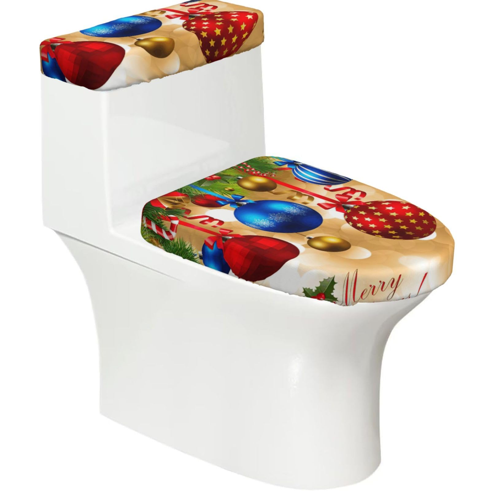 Merry Christmas Print Bathroom Decor Toilet Lid Cover And Tank Covers, Restroom Accessories Fits Most Round