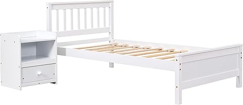 Miniatura 8 de CITYLIGHT Cama de plataforma de tamaño individual con mesita de noche marco de cama individual de madera con cabecera y estribo para niños