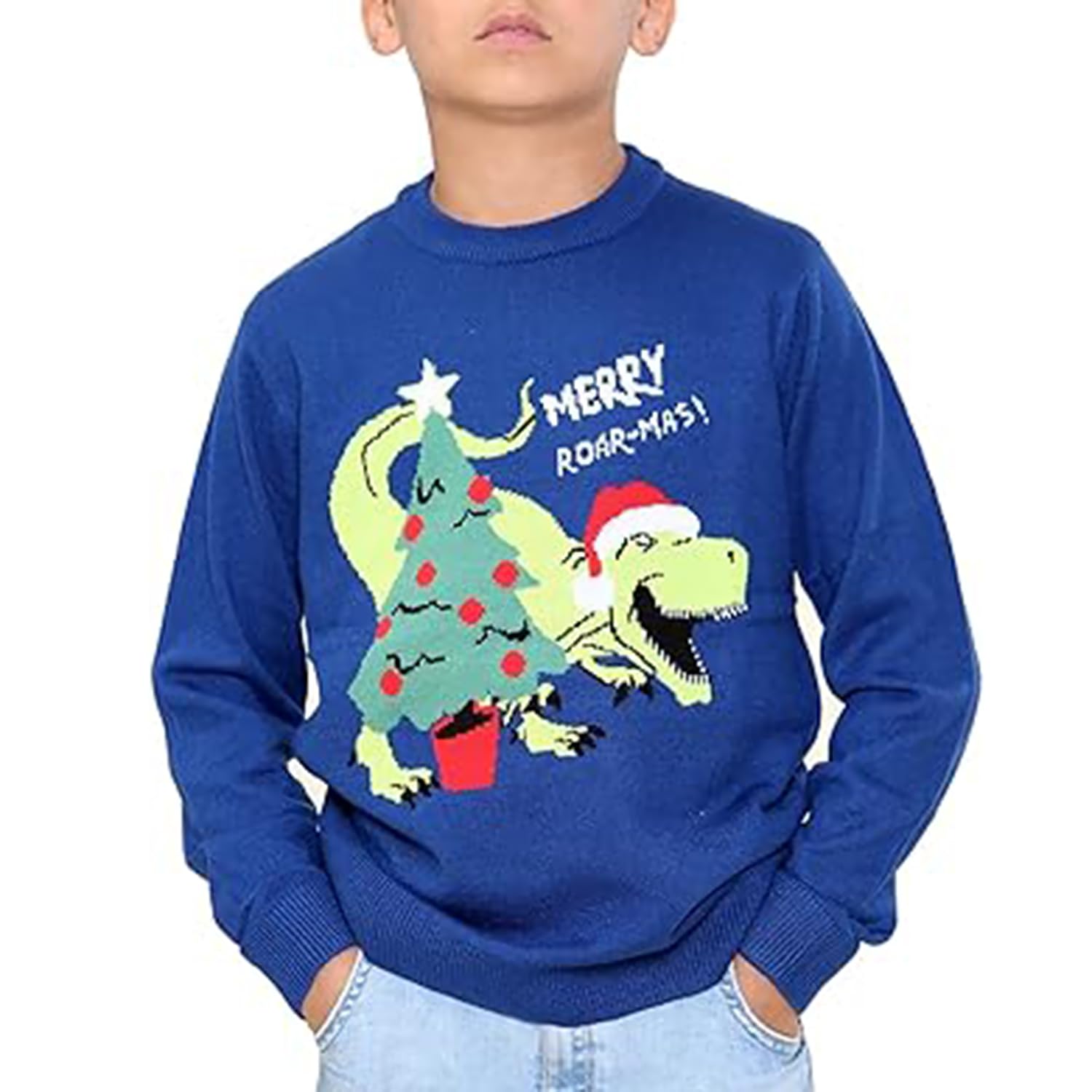 NOROZE Boys Girls Unisex Children Kids Merry Christmas Dinosaur Tree Hat Reindeer Snowflake Pom Polar Bear Dino Roar Mas Knitted Novelty Ugly Xmas Jumpers Sweater (13 Years, Dino Roar Navy)